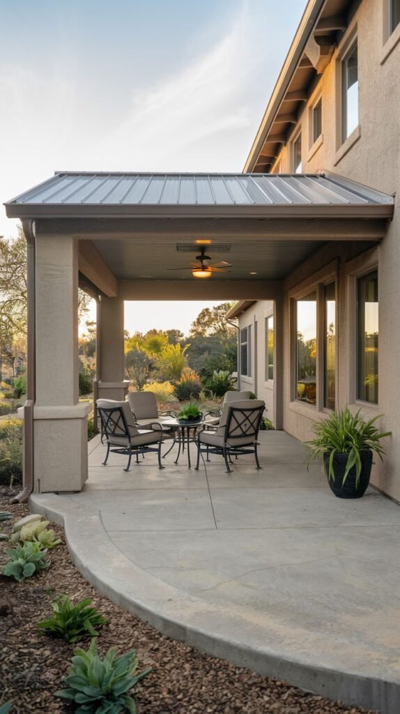 A concrete patio covered by a metal roof supported by large pillars. The patio is furnished with comfortable outdoor seating around a coffee table. Potted plants and succulent landscaping surround the patio.
