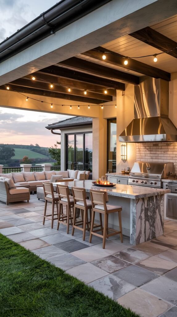 An expansive outdoor patio with a stone floor, covered by a roof with exposed beams and string lights. It features an outdoor kitchen with a grill, stainless steel hood, and a marble-topped island with bar seating. Beyond the bar is a seating area with a sectional sofa and coffee table. The patio overlooks a grassy hill and trees in the distance.