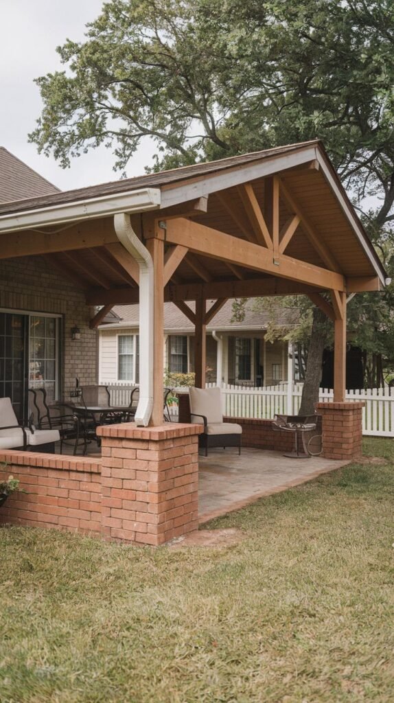 A patio area covered by a high wooden A-frame roof supported by brick pillars. The patio is paved with brick and features outdoor furniture including chairs and a table. A white picket fence and trees are visible in the background. The house wall is on the left.