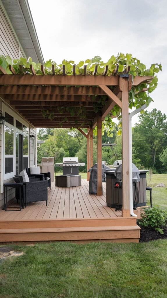 A wooden deck with a wooden pergola covering it, draped with grapevines. The deck is furnished with outdoor seating and a coffee table. Multiple grills are set up on the deck. The deck is raised from the grassy yard.