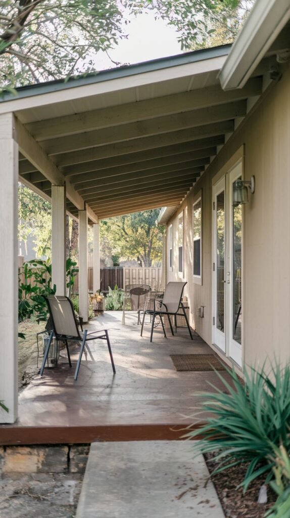A long, narrow patio area covered by a roof supported by white posts. The patio is furnished with simple outdoor chairs and small tables. Multiple glass doors lead into the house from the patio. Sunlight streams onto the patio floor.