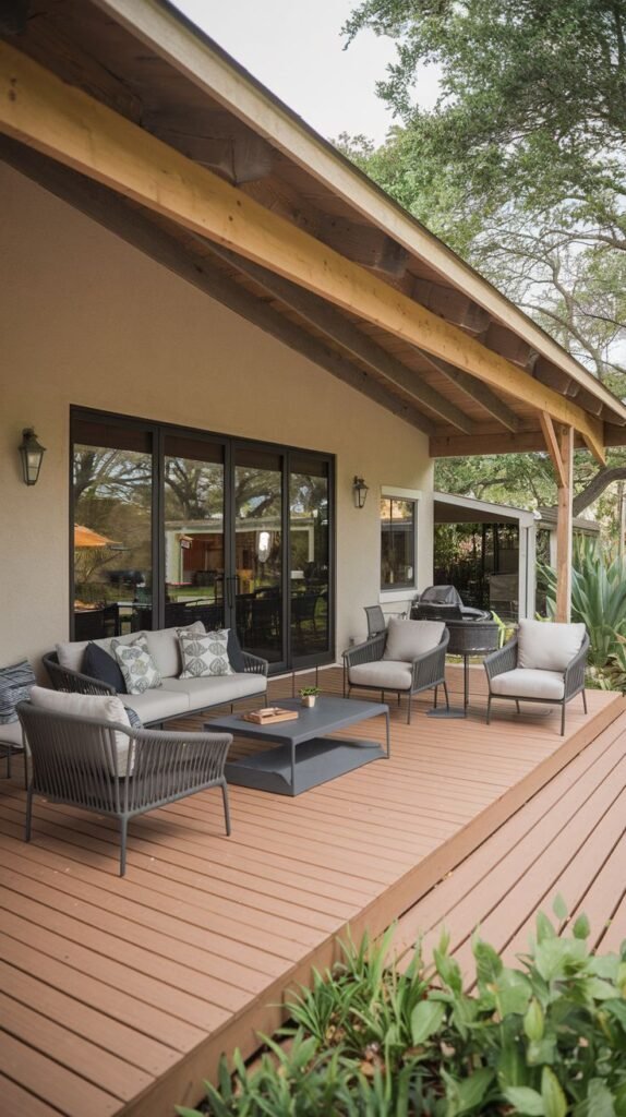 A large wooden deck partially covered by a wooden roof supported by wooden posts. The deck features a comfortable seating area with a sectional sofa, chairs, and a coffee table. Large glass doors lead into the house. Trees are visible in the background.