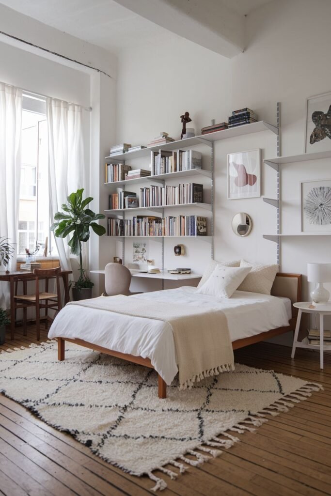 A minimalist bedroom with white walls, a light wood bed frame, extensive gray wall shelving filled with books, and a small wooden table and chair at a window, featuring a large off-white rug with black diamond patterns.