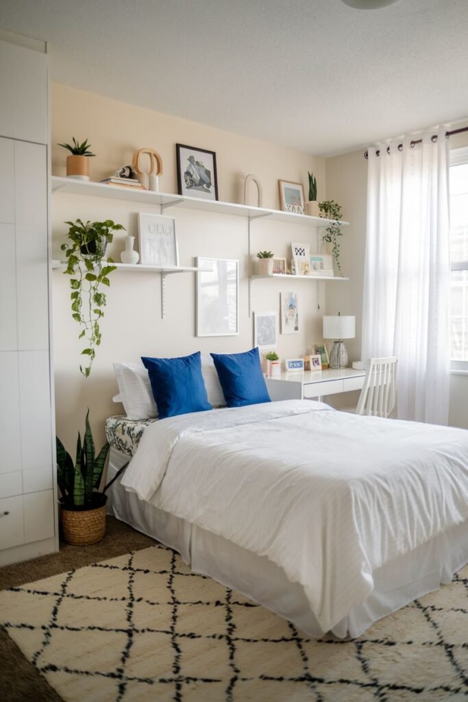 A bright bedroom with a white bed, navy blue pillows, a tall white wardrobe, and white shelving filled with plants and decor above a white desk with a white chair, featuring a large off-white rug with black diamond patterns.