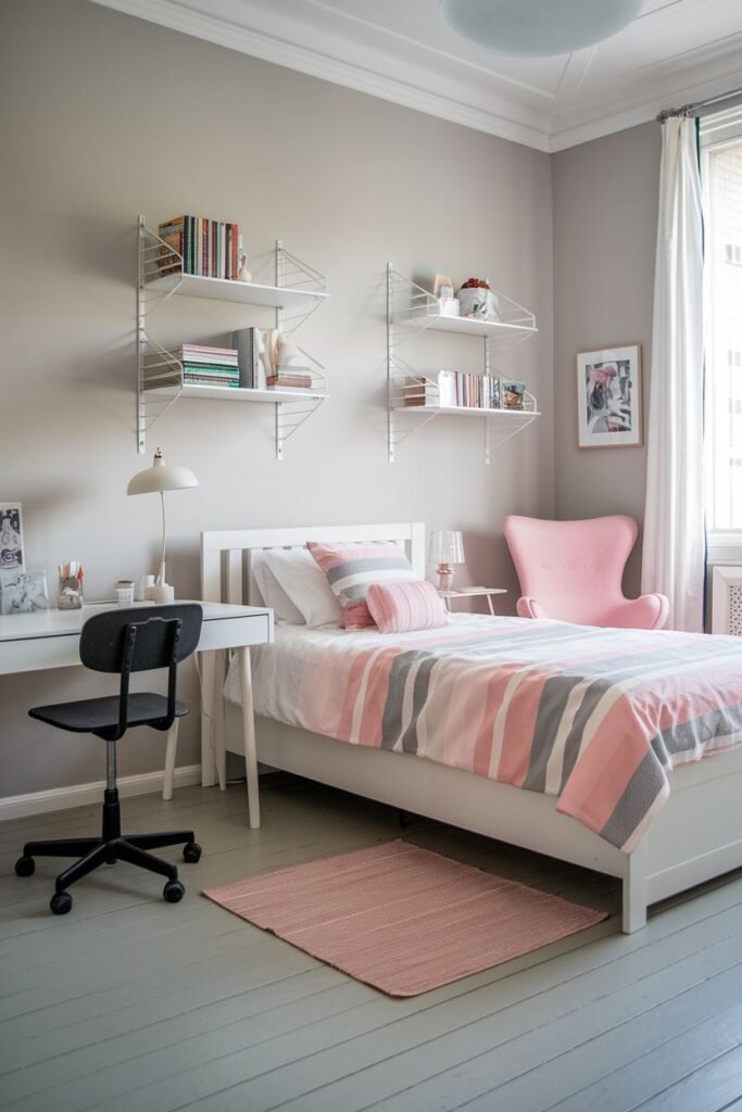 A bedroom with a white bed and pink and gray striped bedding, a white desk with a black chair, white shelving filled with books, a small pink accent chair, and a pink woven rug on painted gray floors.