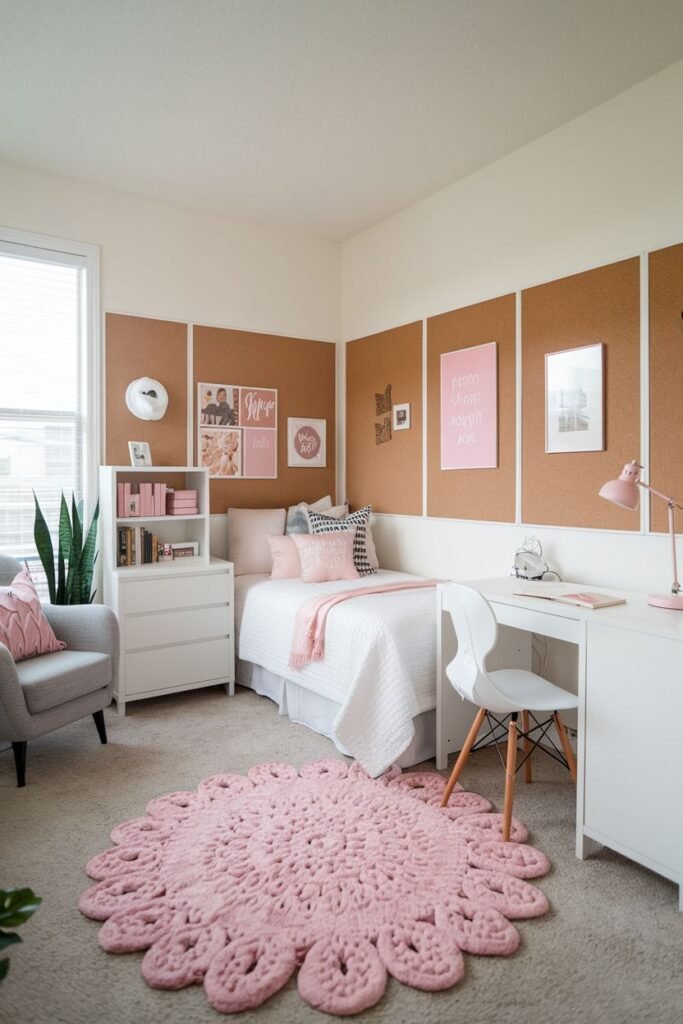 A bedroom with a corkboard accent wall decorated with posters, a white bed with pink and gray pillows and a pink throw, a white dresser, and a white desk with a white chair and pink lamp, featuring a large pink floral-shaped rug.