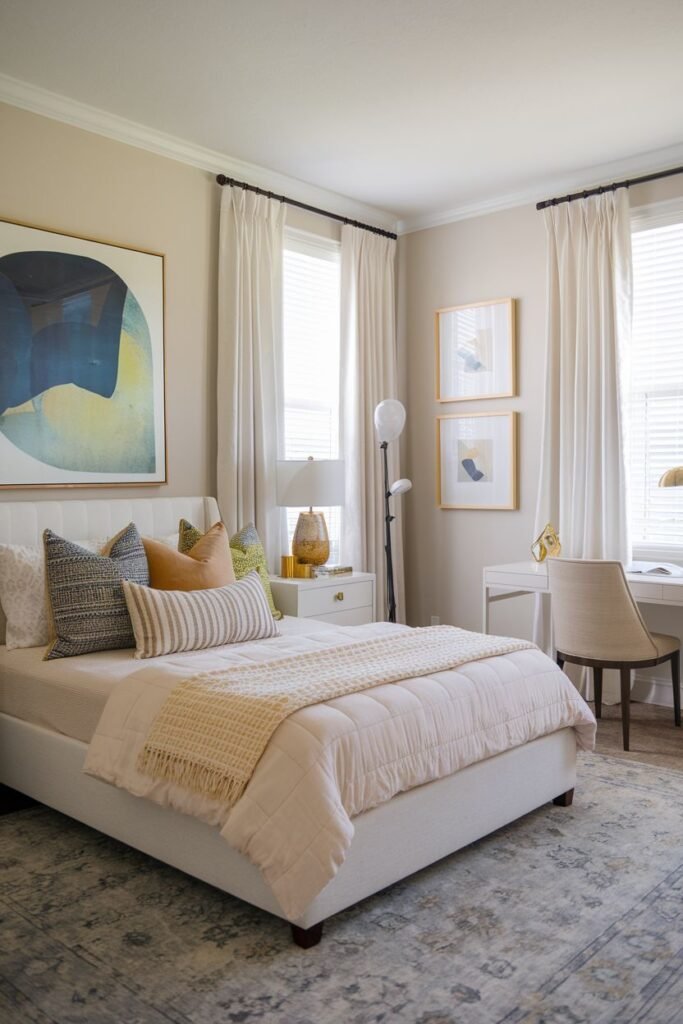 A bedroom with a large upholstered bed, white nightstand, and white desk with a woven chair, featuring a large abstract painting above the bed, framed prints, and a muted patterned rug.
