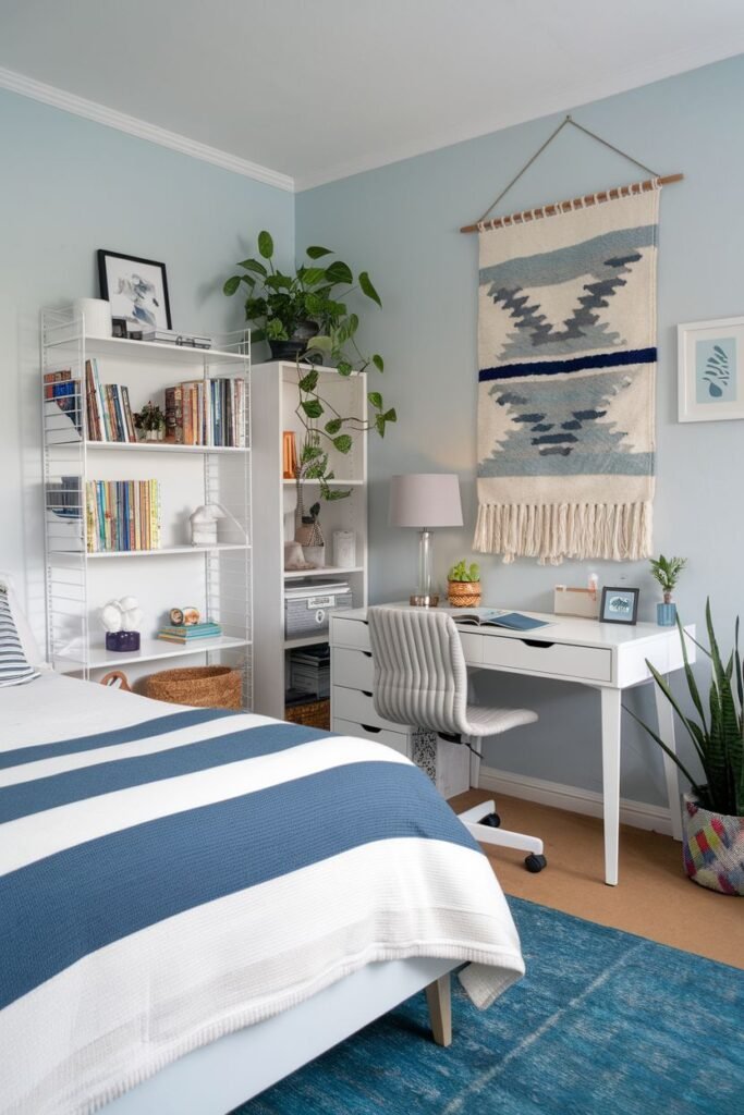A bedroom with light blue walls, a bed with a blue and white striped duvet, white shelving filled with books and plants, a white desk with a gray chair, and a woven wall hanging, with a blue patterned rug.