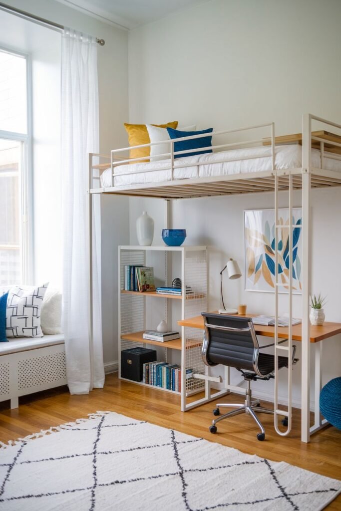 A bedroom with a white metal loft bed over a wooden desk with a black chair and white shelving unit, next to a window bench with pillows, featuring a large off-white rug with black diamond patterns.