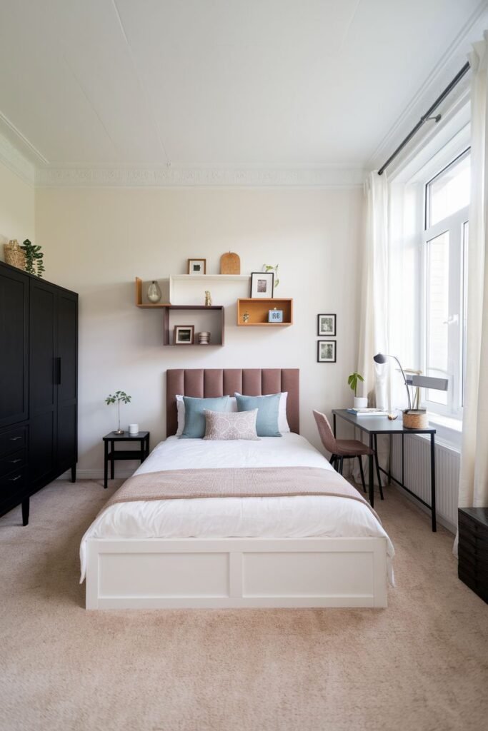 A bedroom with a white bed frame and a pink tufted headboard, a black wardrobe, a small black nightstand, a metal desk with a brown chair, and floating wooden shelves on the wall.