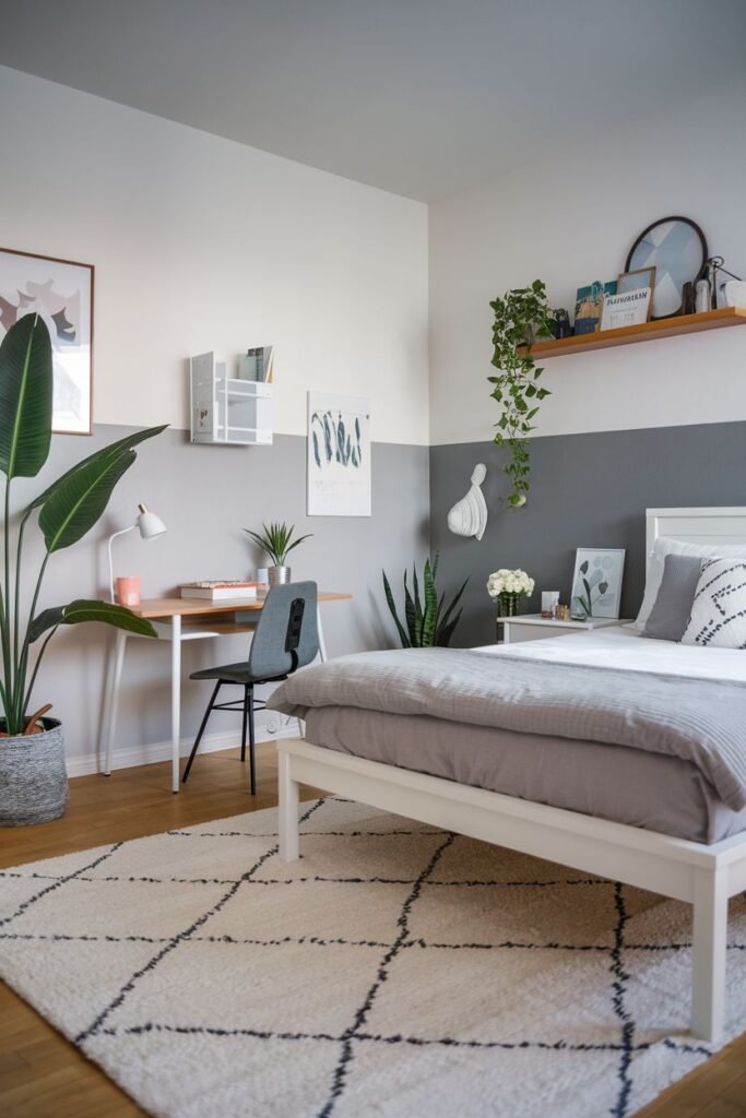 A modern bedroom with a white bed, gray bedding, a desk with a gray chair, and a large plant, featuring a two-tone gray and white wall and a large off-white rug with black diamond patterns.