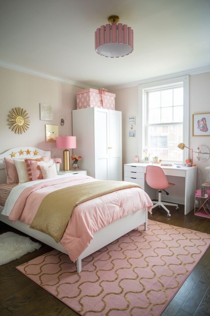 A pink-themed bedroom with a white bed and a gold and pink duvet, a white wardrobe, a white desk with a pink chair, a pink ceiling light fixture, and gold wall decor, featuring a pink rug with a gold pattern.