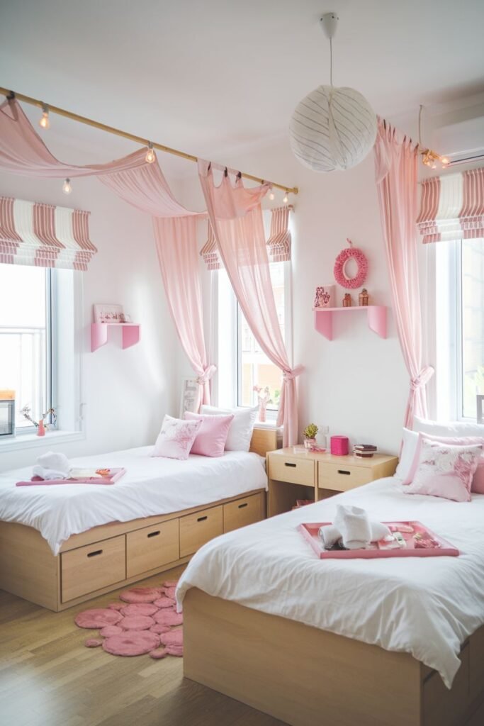 A bedroom with two single beds with white bedding and pink accents, draped pink fabric over the beds, a nightstand between the beds, and windows with striped blinds, featuring two pink floral-shaped rugs.