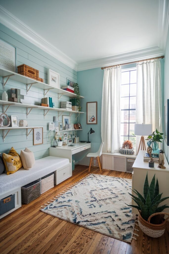 A bedroom with light blue walls, extensive white shelving filled with decor and books, a built-in daybed with pillows, a white desk with a white chair, and white curtains, featuring a patterned rug on wooden floors.