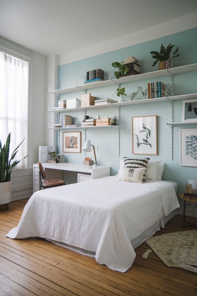 A bedroom with light blue walls, a white bed, and extensive white shelving filled with plants, books, and decor above a white desk with a brown chair, featuring framed prints and a small rug.