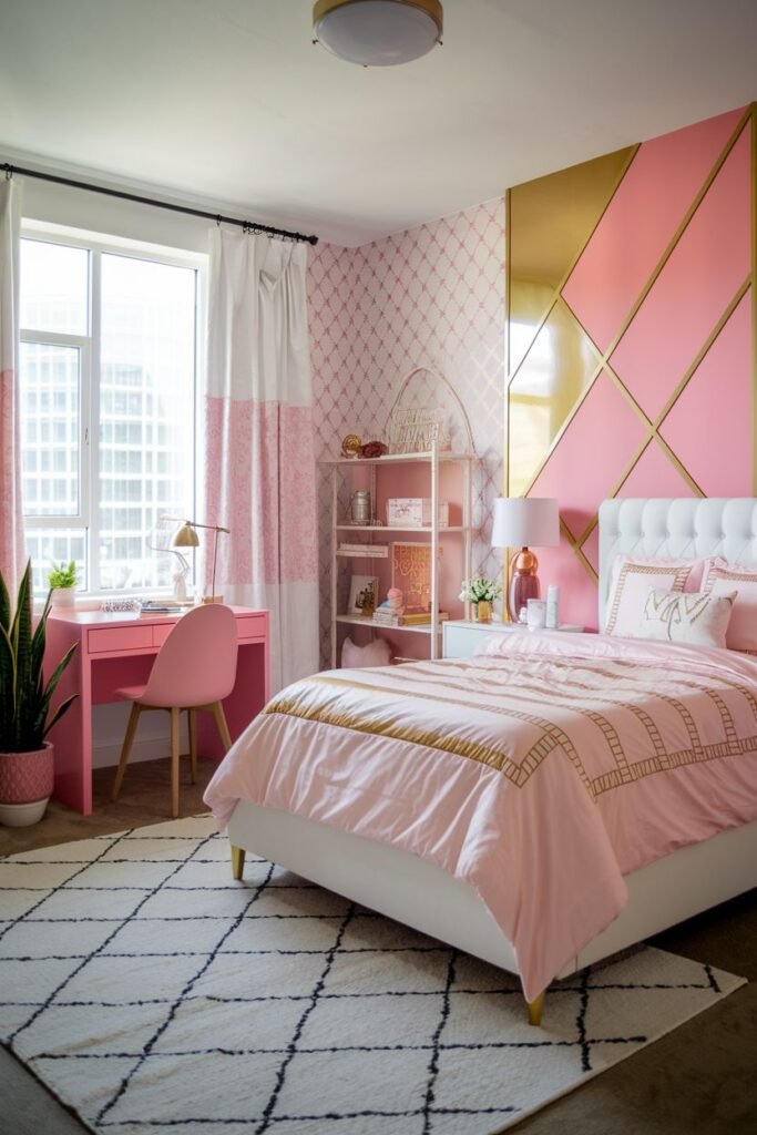 A pink and gold themed bedroom with geometric gold wall panels, a white bed, a pink desk with a pink chair, a pink shelf, and a large window, featuring a large off-white rug with black diamond patterns.