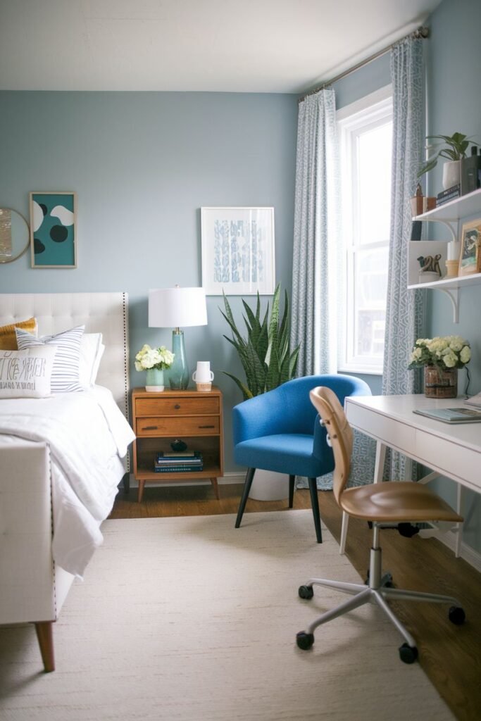 A bedroom with light blue walls, a white upholstered bed, a mid-century modern nightstand, a blue accent chair, a white desk with a brown chair, and wall shelving, featuring a light-colored woven rug.