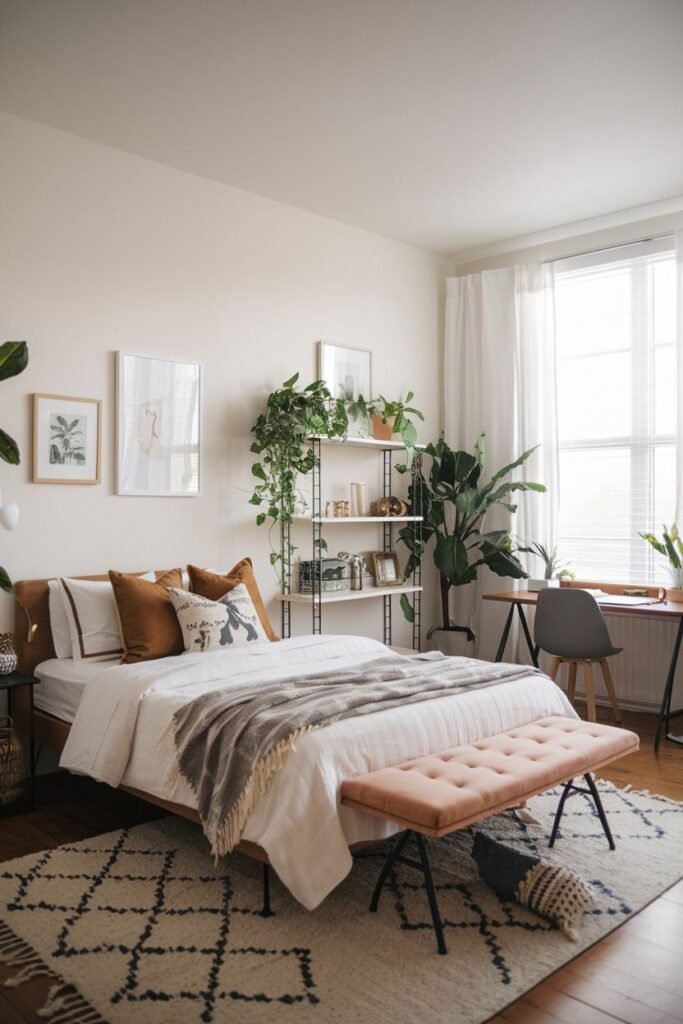 A bedroom with a brown upholstered bed, a pink bench at the foot of the bed, extensive white shelving with plants and decor, and a desk with a gray chair, featuring a large off-white rug with black and brown patterns.