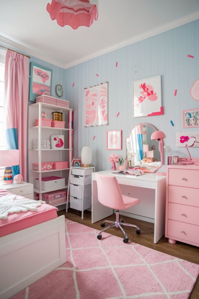 A pink and blue themed bedroom with striped blue wallpaper, a white bed with pink bedding, a white desk with a pink chair, a white shelf, and pink drawers, featuring a pink geometric pattern rug.