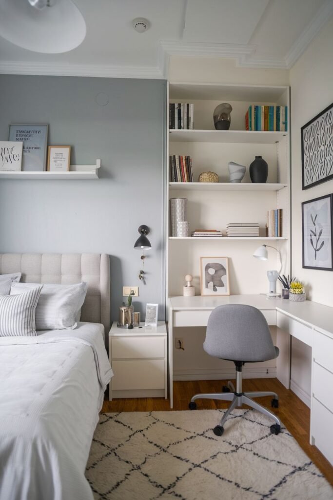 A bedroom with a light gray accent wall, a white bed with a tufted headboard, a white nightstand, a white built-in desk with a gray chair, and shelving filled with books and decor, featuring an off-white rug with black diamond patterns.