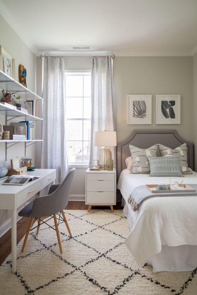 A modern bedroom with a gray upholstered bed, white nightstand, and white desk with shelving, featuring a large off-white rug with black diamond patterns and two framed abstract prints above the bed.