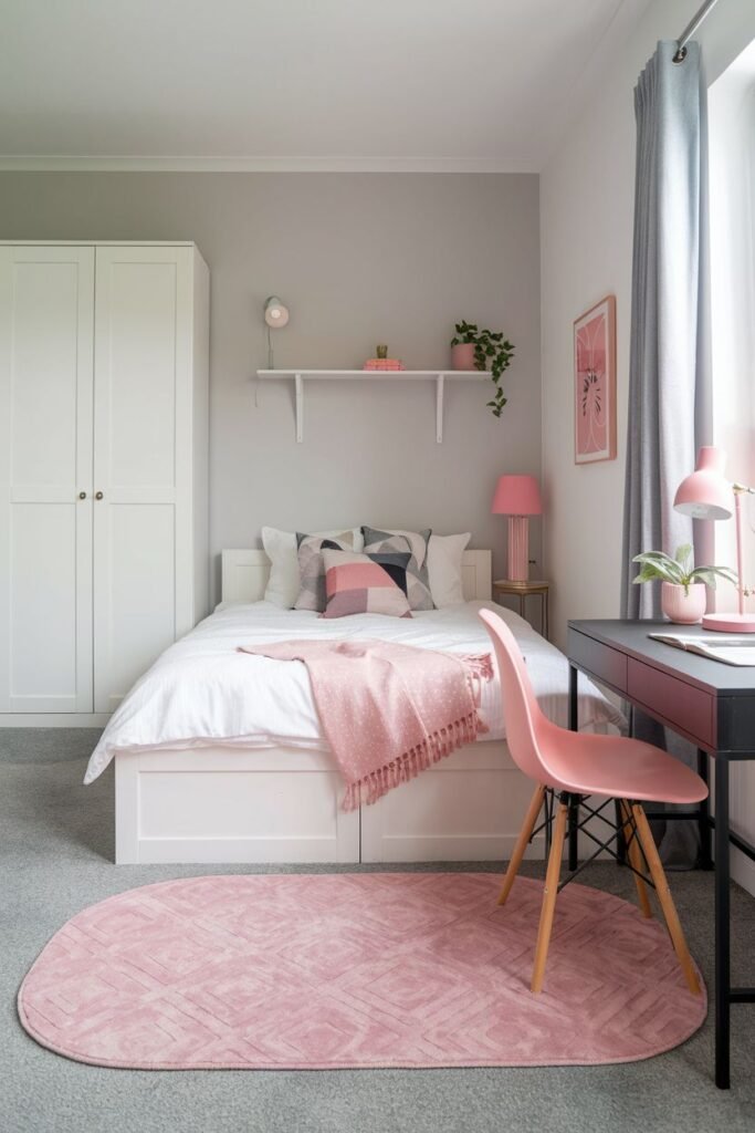A bedroom decorated in pink tones with a white bed, pink throw blanket, pink oval rug with geometric patterns, a white wardrobe, and a black desk with a pink chair and lamp.