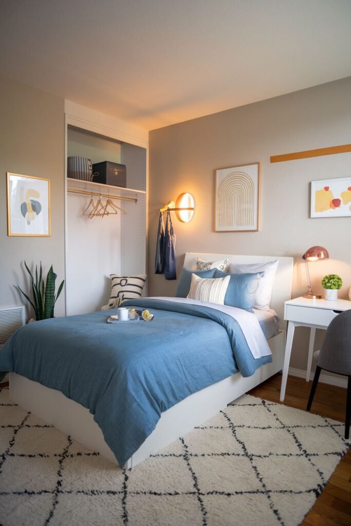 A bedroom with a white bed frame and blue duvet, a white nightstand, a gray chair at a white desk, and open closet shelving, with abstract art on the walls and a large off-white rug with black diamond patterns.