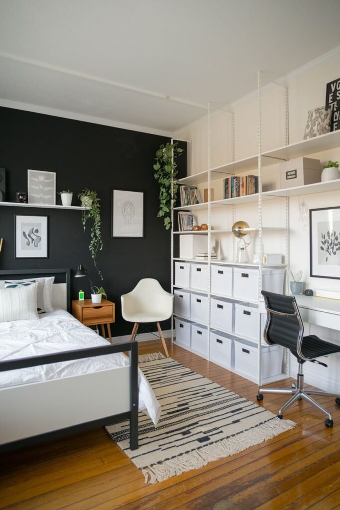 A bedroom featuring a black accent wall, a white and black bed, a small wooden nightstand, a desk with a black chair, and extensive white shelving filled with books and storage bins, with a striped rug on wooden floors.