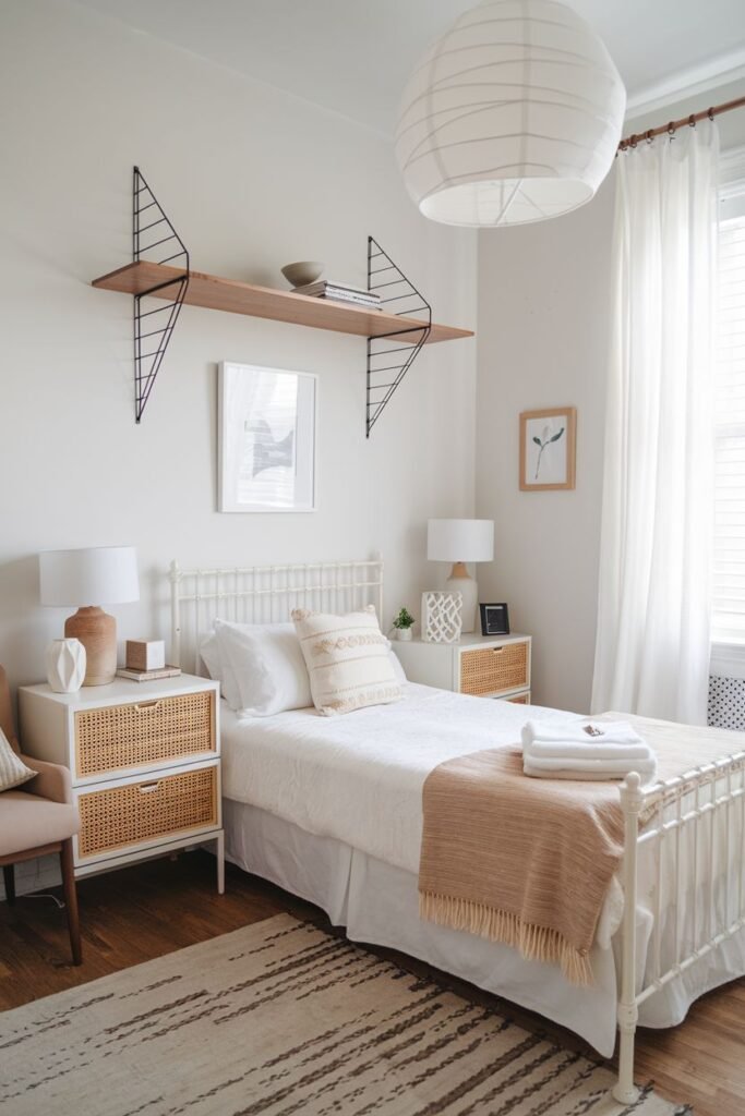 A bedroom with a white metal bed frame, two white nightstands with rattan drawers, a small wooden shelf with wire supports, and a woven rug with striped patterns, featuring a large white paper lantern ceiling light.