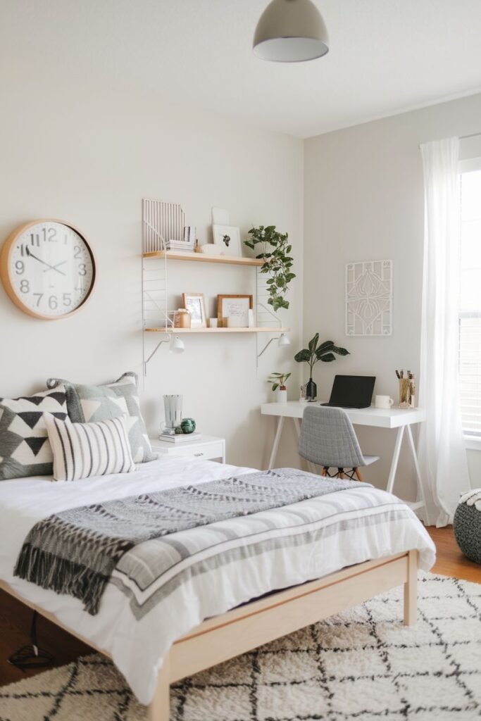 A bedroom with a light wood bed frame, gray and white patterned pillows and throw, a large round clock on the wall, a white desk with a gray chair, and white shelving above the desk, with a large white and black diamond pattern rug.