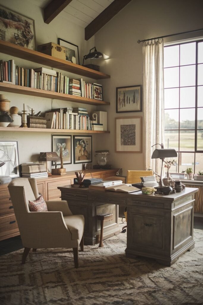 Cozy farmhouse office with a large wooden desk, floating wood shelves filled with books and decor, and a comfortable armchair.