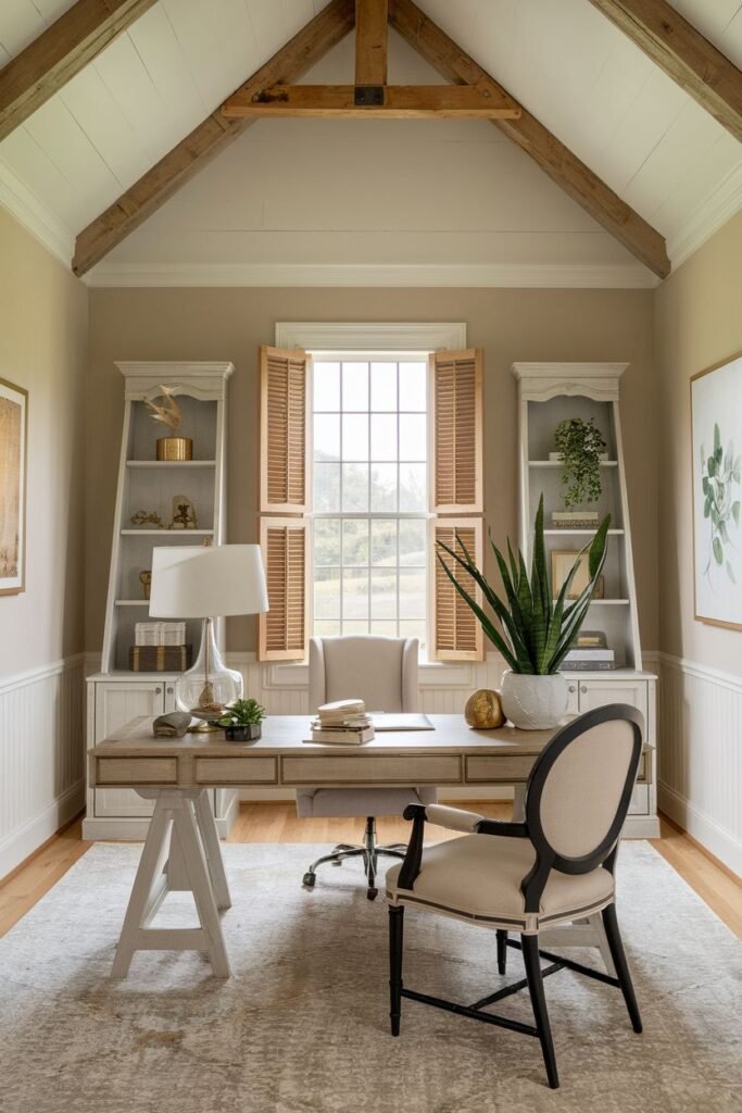 A cozy farmhouse office with a vaulted ceiling, exposed beams, white furniture, a light wood trestle desk, and white open bookcases.