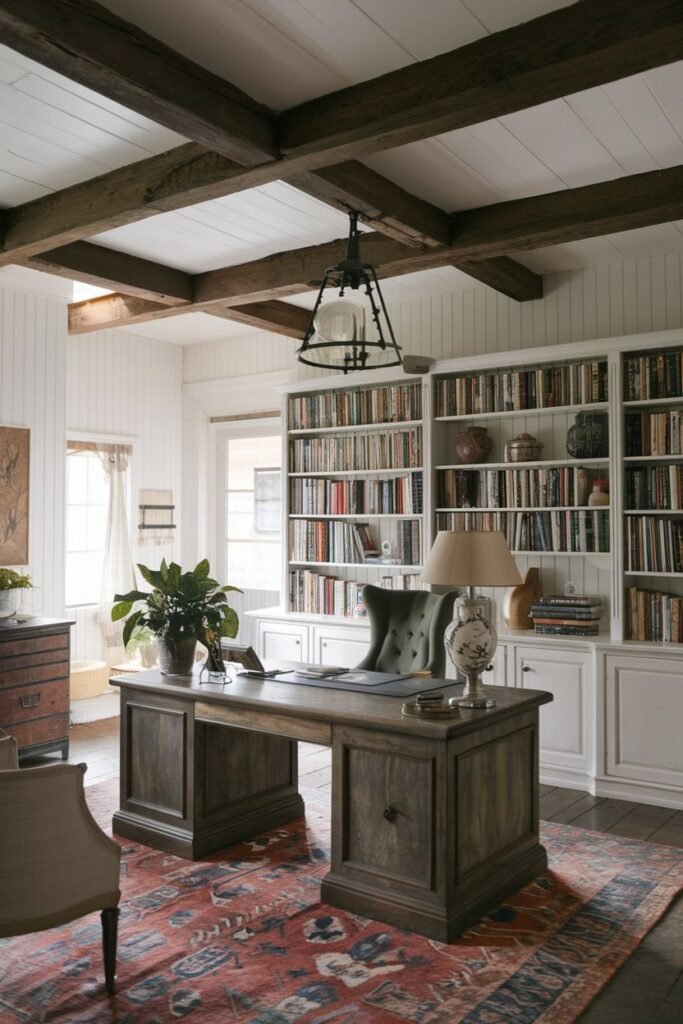 Classic and cozy farmhouse office with dark wood furniture, built-in bookcases, a traditional rug, exposed beams, and a hanging light.