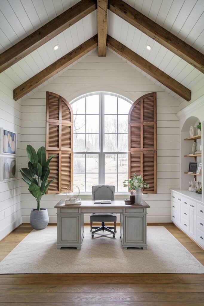 Beautiful and cozy farmhouse office with a vaulted ceiling, exposed beams, a large arched window with shutters, a light-colored desk, and white built-in cabinets.