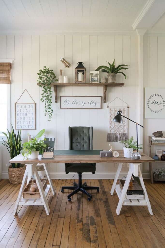 Casual and cozy farmhouse office featuring a sawhorse leg desk, open shelving above, plants, and farmhouse-themed signs.