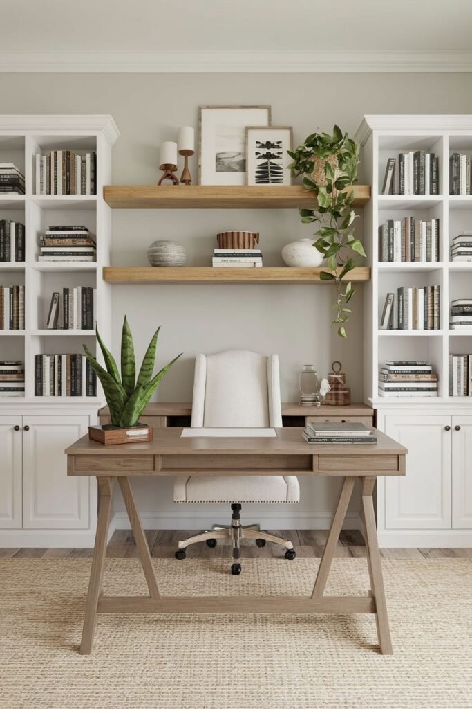 Clean, bright, and cozy farmhouse office with white built-in bookcases, floating wooden shelves, and a light wood trestle desk.