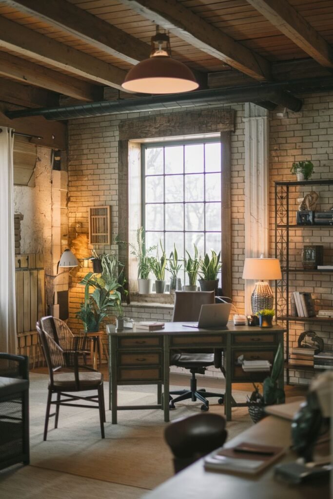 Industrial and cozy farmhouse office featuring exposed brick walls, industrial-style furniture, metal shelving, and plants.