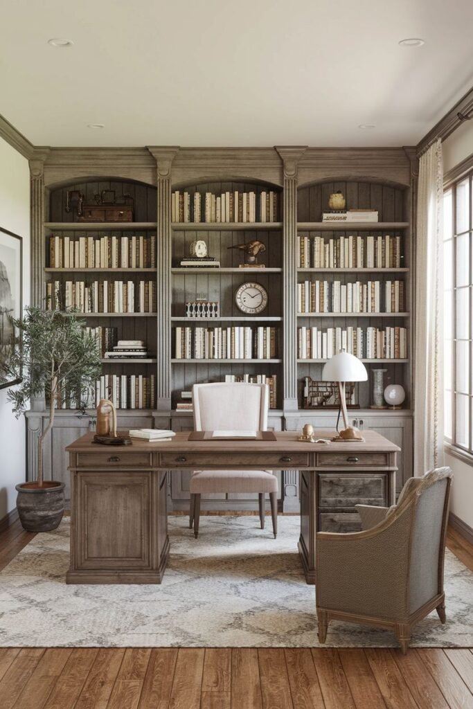 Cozy farmhouse office with dark wood built-in bookshelves, a large desk, and comfortable seating.
