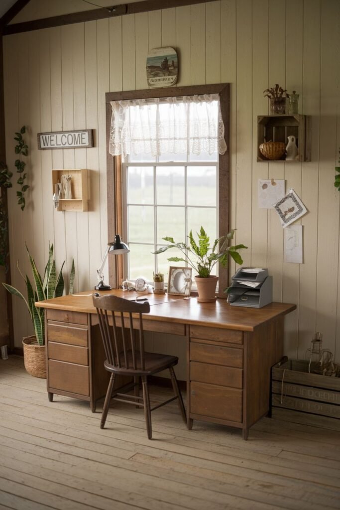 Rustic and cozy farmhouse office featuring a large wooden desk, wooden crate storage, plants, and welcome signs.
