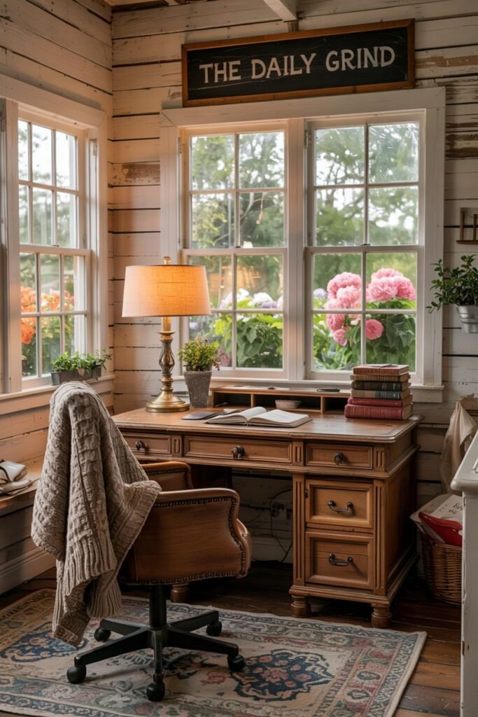 A cozy farmhouse office corner with white washed wood walls, large windows, a classic roll-top desk, and a comfy chair with a blanket.