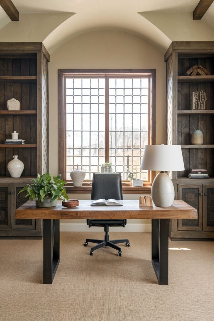 Cozy farmhouse office centered around a large arched window, with dark wood bookcases flanking a sturdy wooden desk.