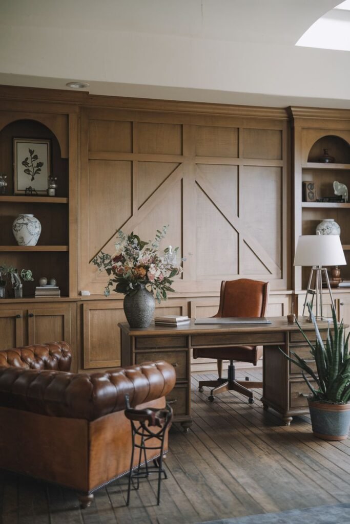 A classic and cozy farmhouse office with warm wood paneling, a traditional wooden desk, built-in shelves, and a leather armchair.