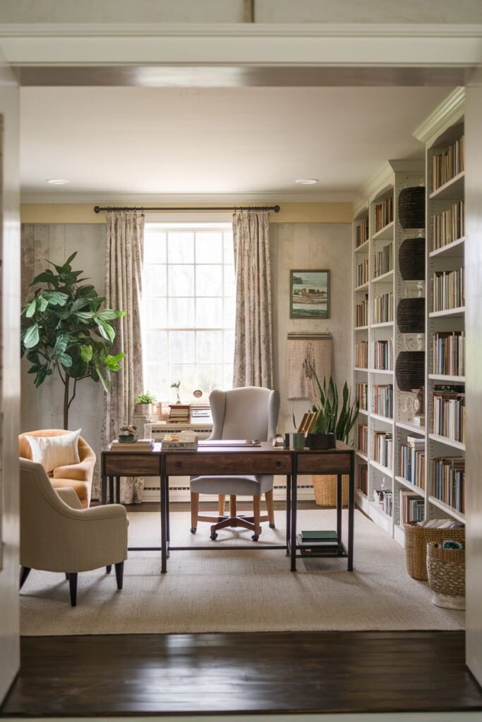 Light and cozy farmhouse office with tall white built-in bookcases, a dark wood desk, and comfortable chairs.