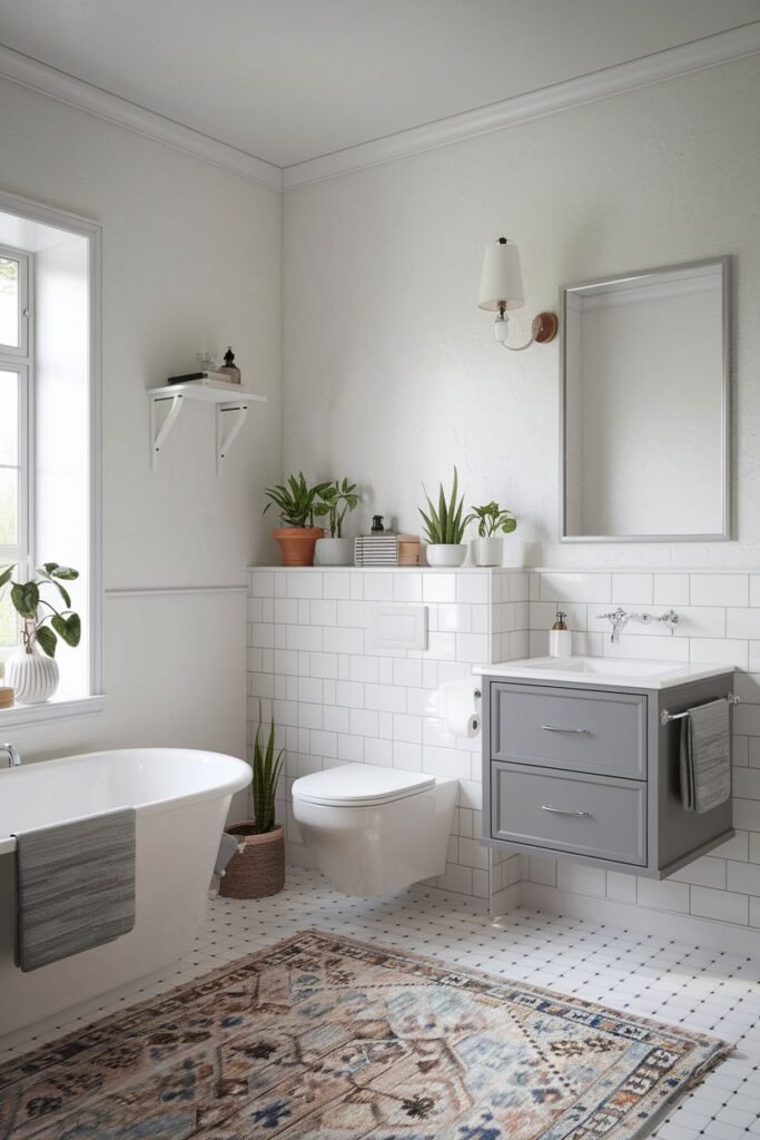 A cozy japandi bathroom with white subway and regular tiles, a freestanding white bathtub under a window, a floating grey vanity, potted plants, and a colorful patterned rug on the tiled floor.