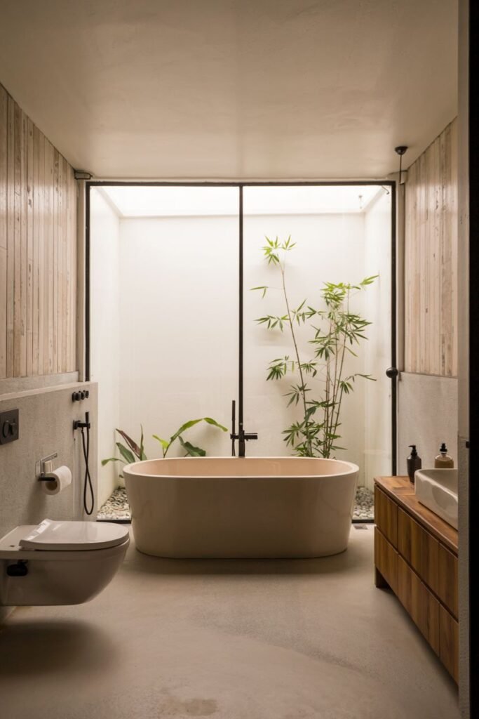 A cozy japandi bathroom with concrete walls and floor opening to an outdoor area filled with plants, a minimalist toilet, a freestanding bathtub, and a simple wooden vanity with a built-in sink.