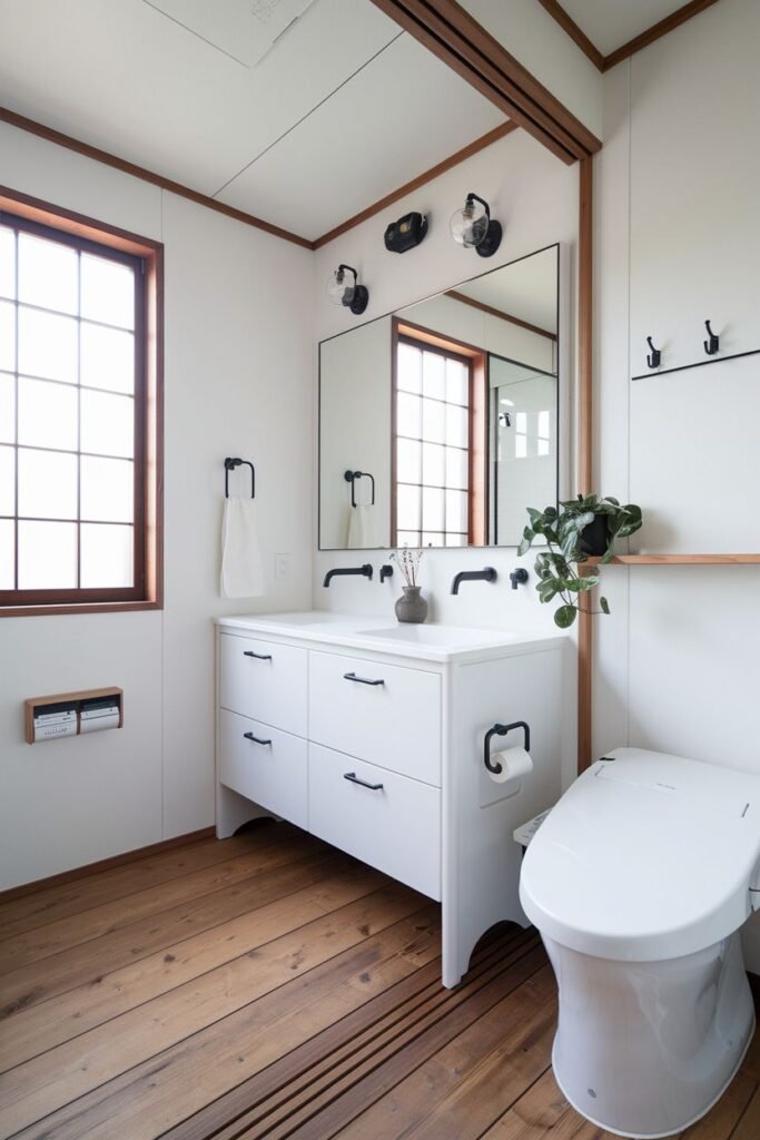 A cozy japandi bathroom with light walls and ceiling, dark wood trim and window frames, wide wooden floor planks, a large white vanity with drawers and a wide sink, a modern toilet, and a large mirror with adjustable lights.