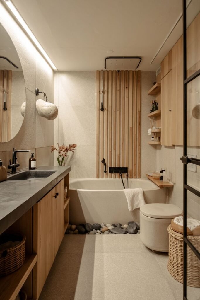 A cozy compact japandi bathroom with a built-in bathtub and shower area featuring vertical wooden slats, light-colored tiles, a floating wooden vanity with open shelving and a stone sink, river stones around the tub, woven baskets, and a potted plant.