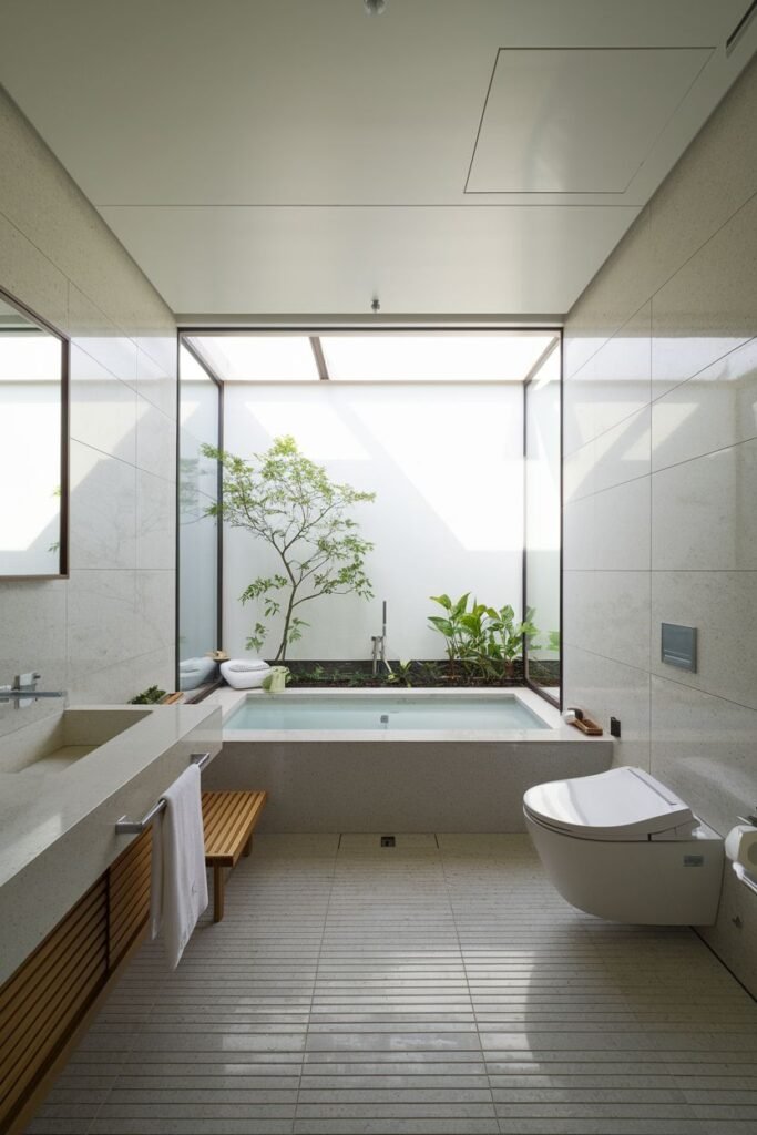 A cozy japandi bathroom with a large central light well or indoor garden area visible from a built-in bathtub, light-colored large format tiles, a modern wall-mounted toilet, and a floating vanity with drawers and a light-colored countertop sink.