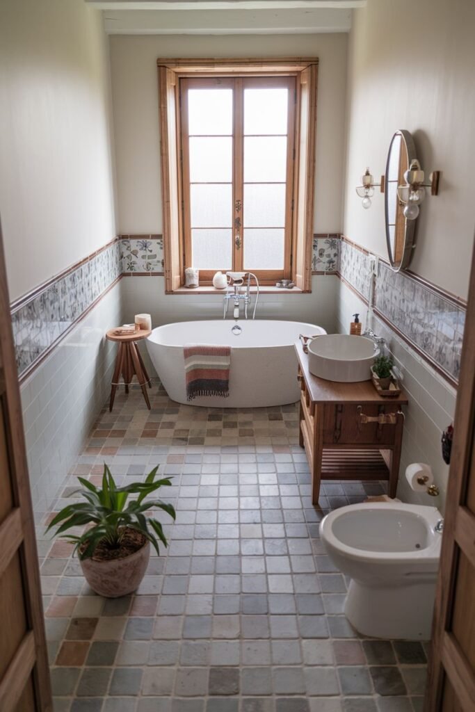 A cozy japandi bathroom featuring vintage-style floor and decorative wall tiles, a modern freestanding bathtub, light blue rectangular lower wall tiles, a small wooden vanity with a round sink, a round mirror, wall-mounted lights, and a large potted plant.