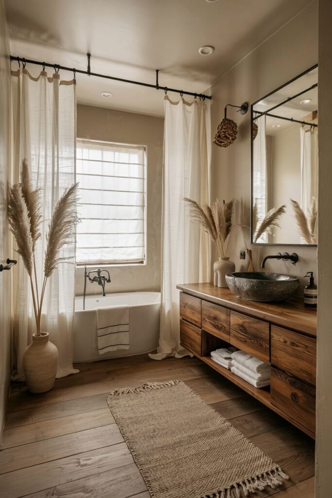 A cozy japandi bathroom with rustic wide wooden floor planks, a simple freestanding bathtub, soft flowing window curtains, a large wooden vanity with drawers and a stone basin sink, decorated with dried grasses and woven elements.